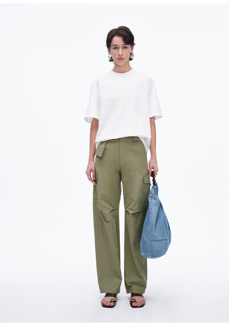 White Knit Transparent Top & Green Wide-Leg Cargo Pant Set