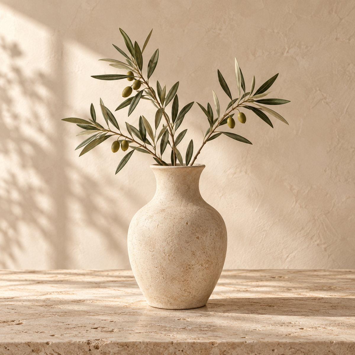 Sculptural stone vase with olive branches