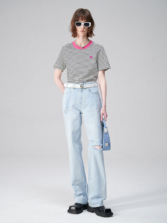 Retro Revival: White T-Shirt with Multi-Color Stripes