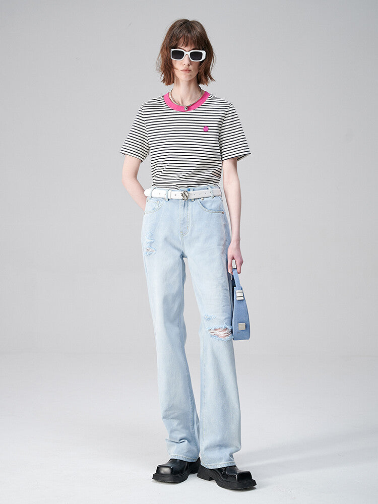 Retro Revival: White T-Shirt with Multi-Color Stripes