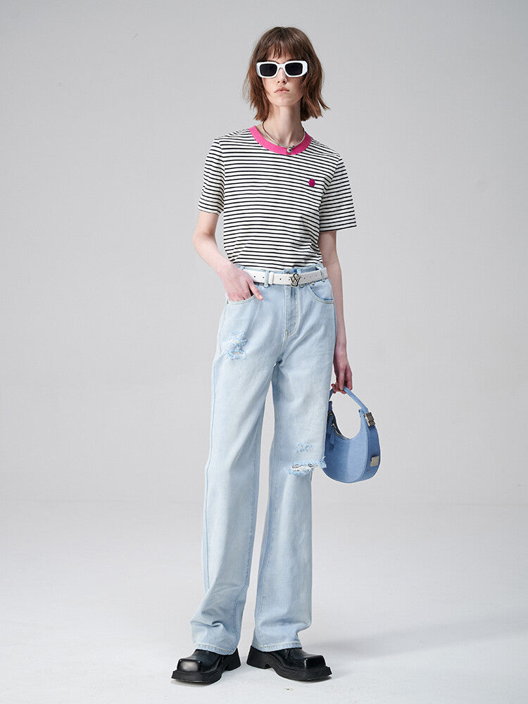 Retro Revival: White T-Shirt with Multi-Color Stripes