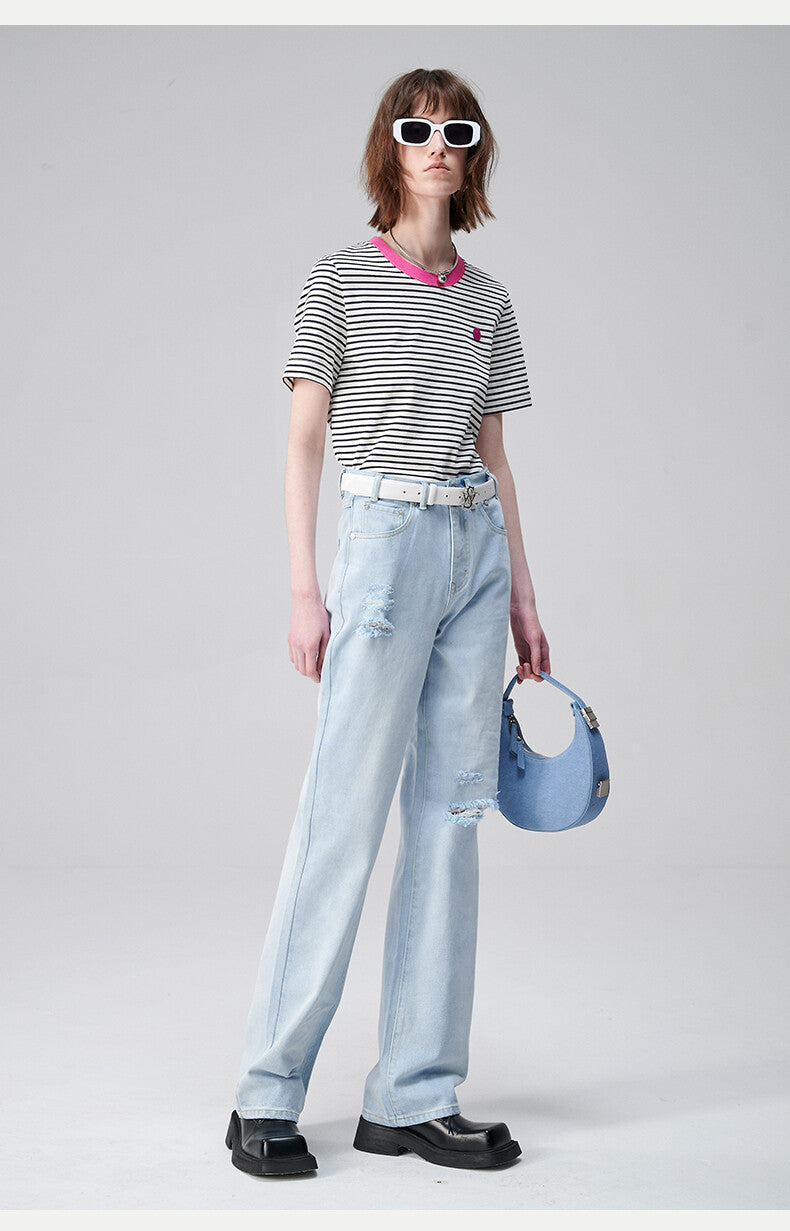 Retro Revival: White T-Shirt with Multi-Color Stripes