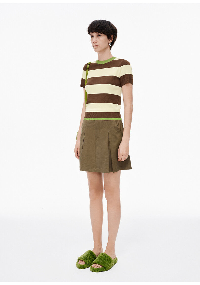 Vintage Cool: Old-School Brown Creamie & Green Striped T-Shirt