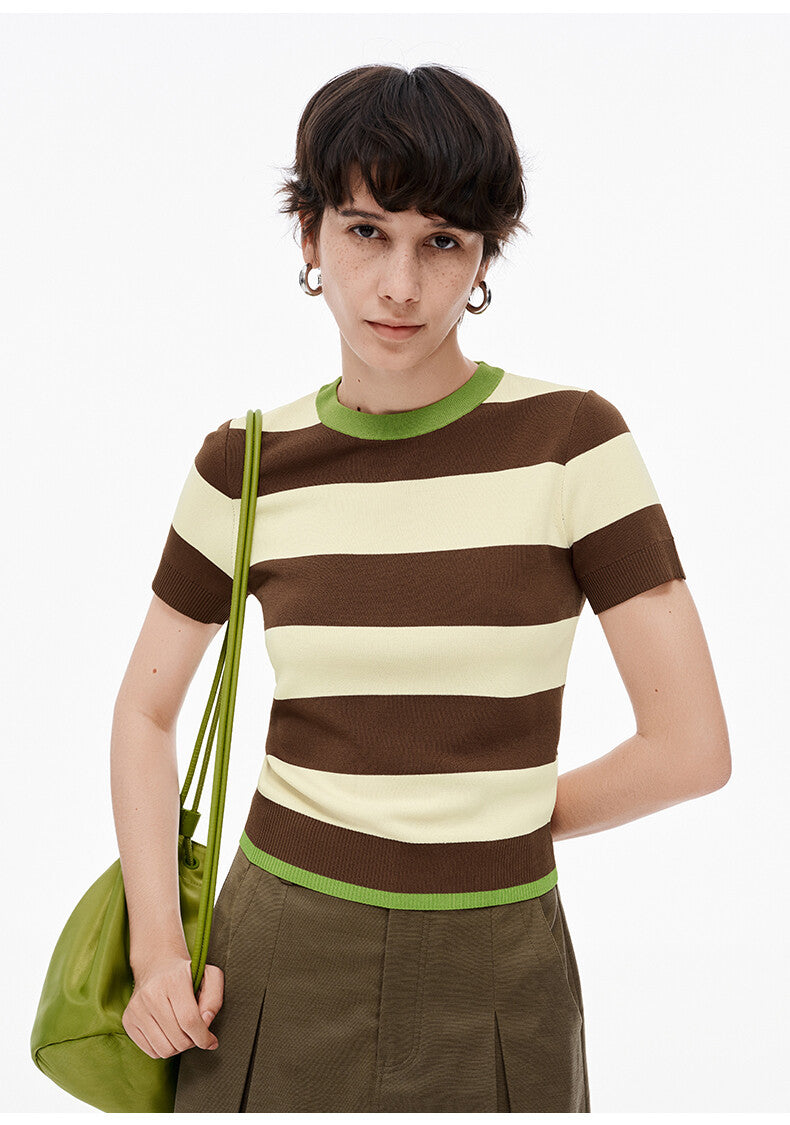 Vintage Cool: Old-School Brown Creamie & Green Striped T-Shirt