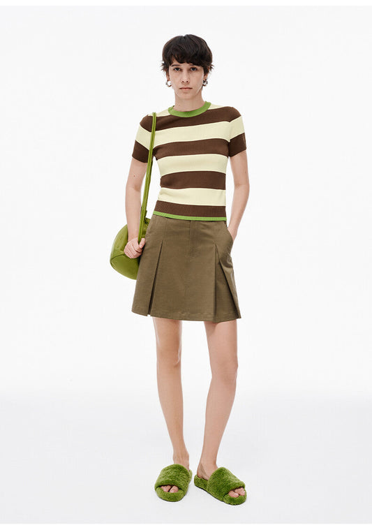 Vintage Cool: Old-School Brown Creamie & Green Striped T-Shirt