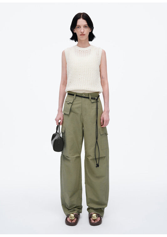 White Knit Transparent Top & Green Wide-Leg Cargo Pant Set