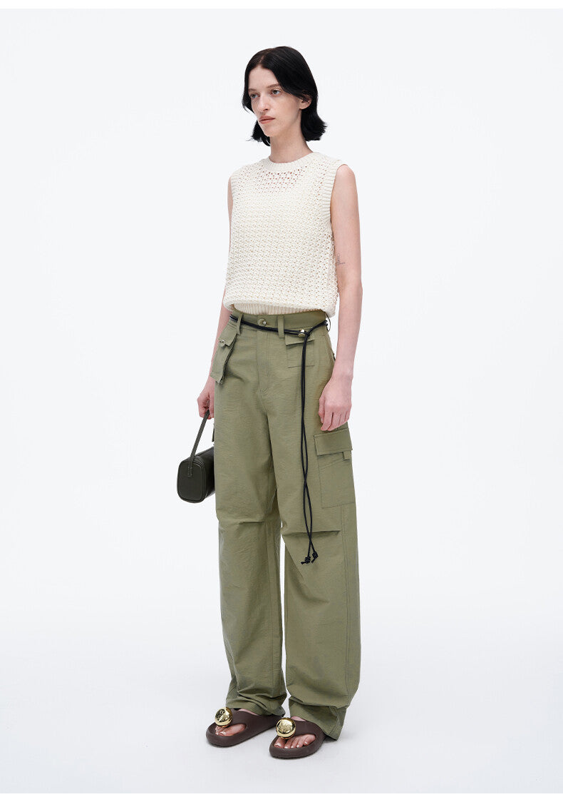White Knit Transparent Top & Green Wide-Leg Cargo Pant Set