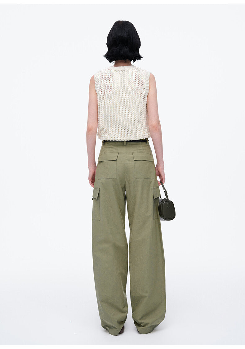White Knit Transparent Top & Green Wide-Leg Cargo Pant Set