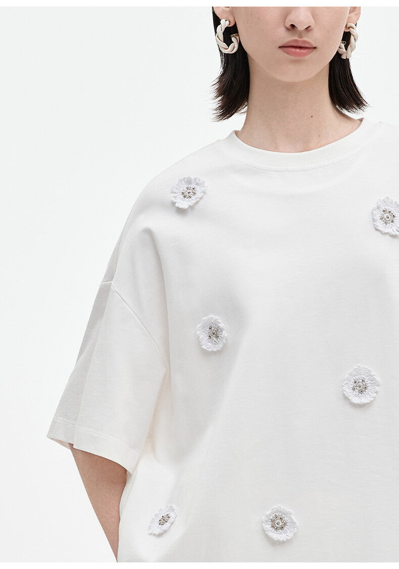 Oversized White T-Shirt with Delicate Knitted Flower