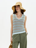 Knitted Blue Striped Sleeveless Top & Green Flare Pants Set
