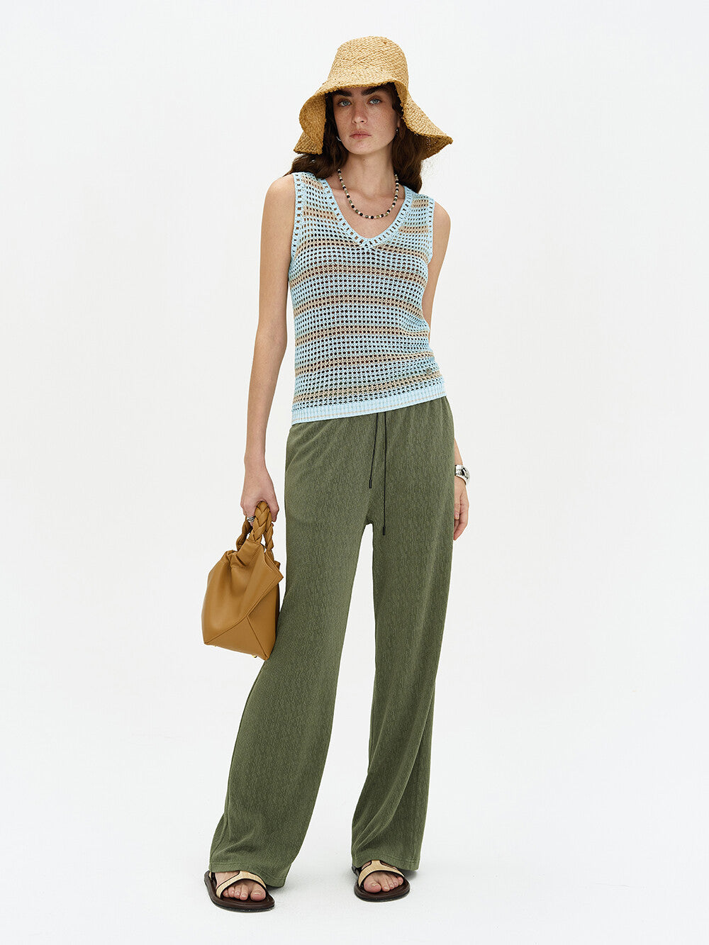 Knitted Blue Striped Sleeveless Top & Green Flare Pants Set