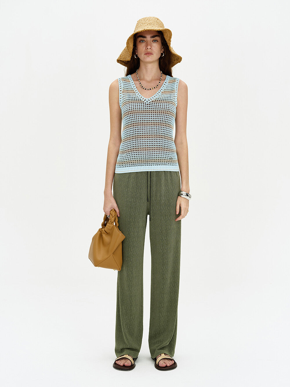 Knitted Blue Striped Sleeveless Top & Green Flare Pants Set