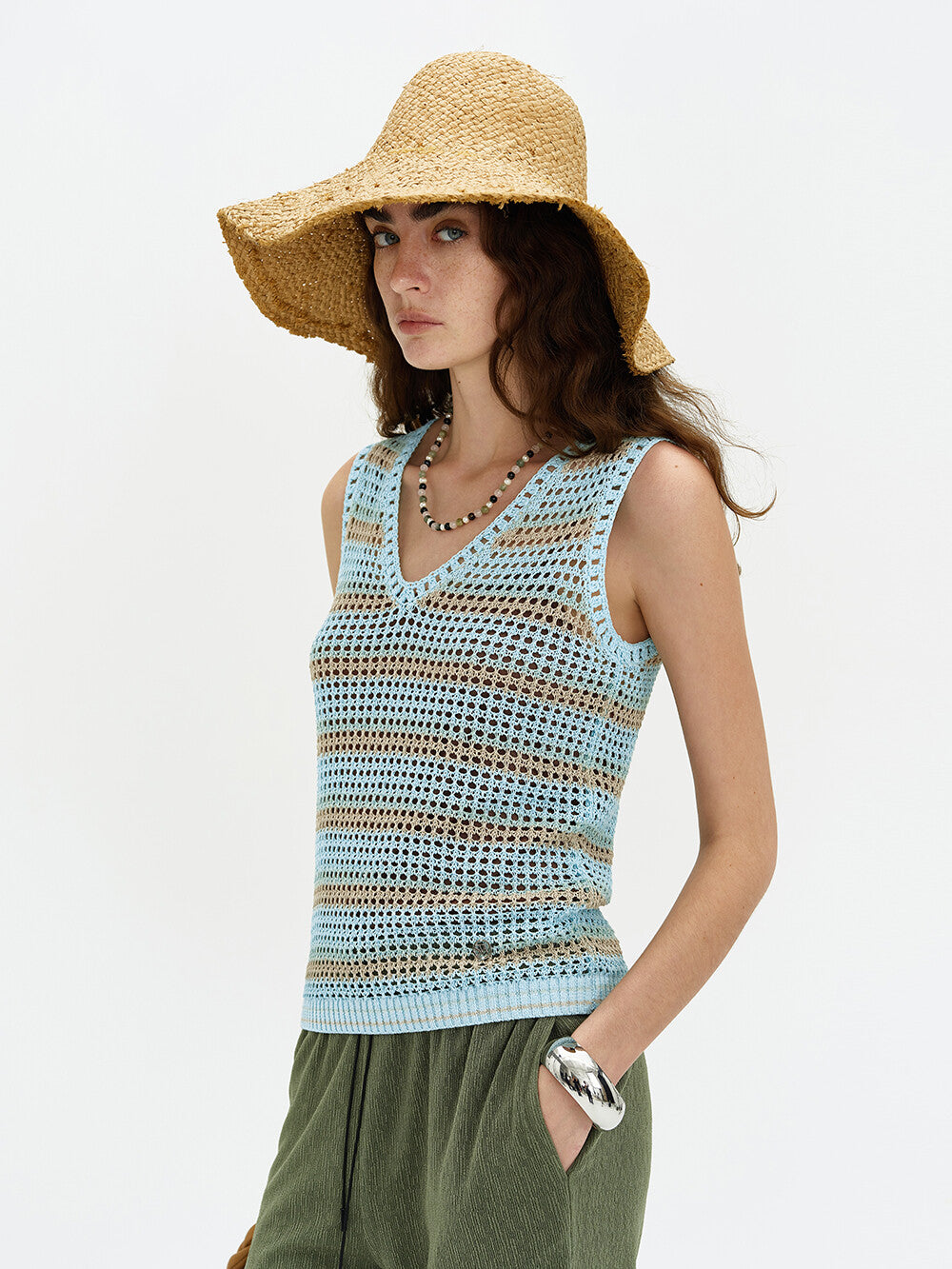 Knitted Blue Striped Sleeveless Top & Green Flare Pants Set
