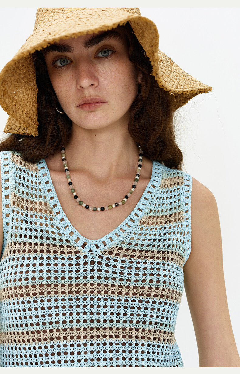Knitted Blue Striped Sleeveless Top & Green Flare Pants Set