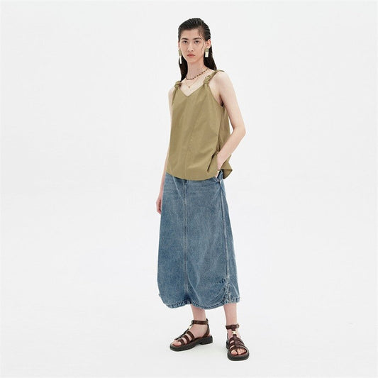 Strappy Sleeveless Green Top & Denim Maxi Skirt Set