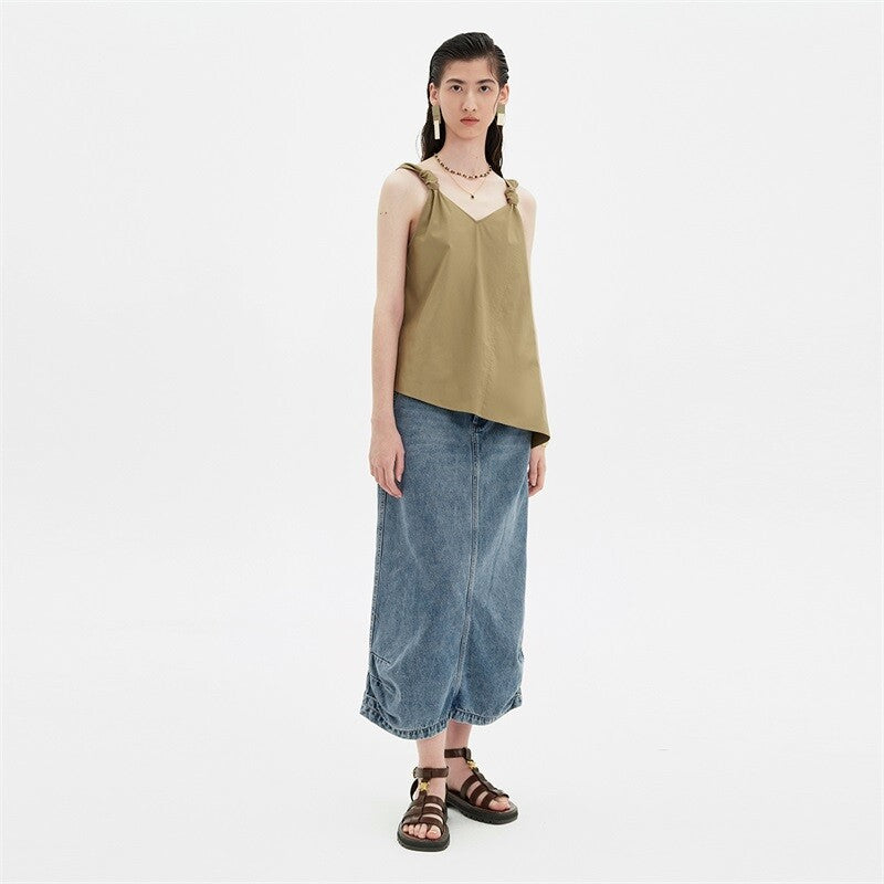 Strappy Sleeveless Green Top & Denim Maxi Skirt Set