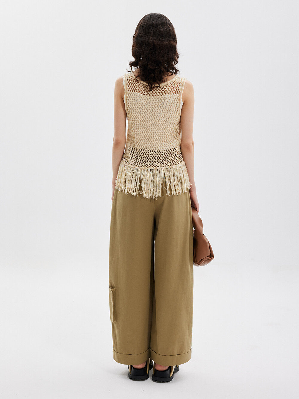 Bohemian Elegance: Creamy Sleeveless Tassel Top & Green Pants Set