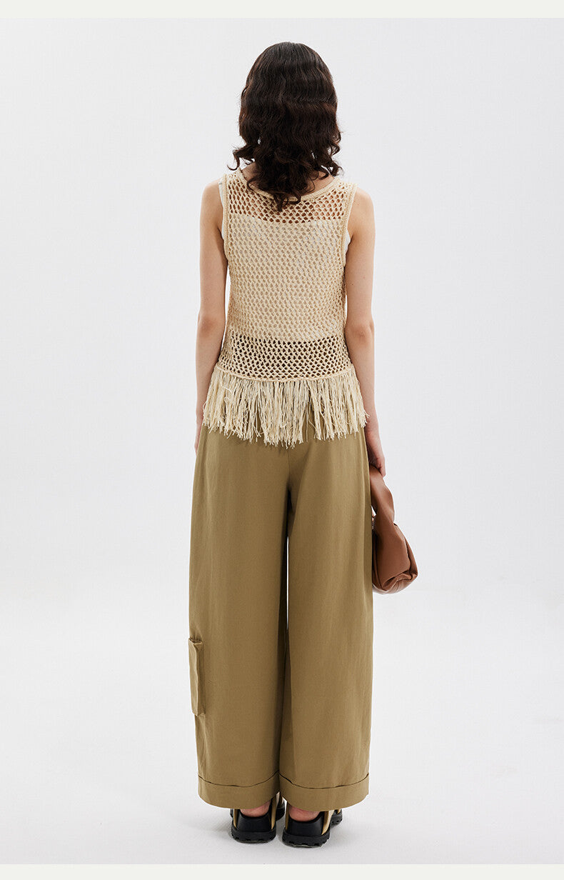 Bohemian Elegance: Creamy Sleeveless Tassel Top & Green Pants Set