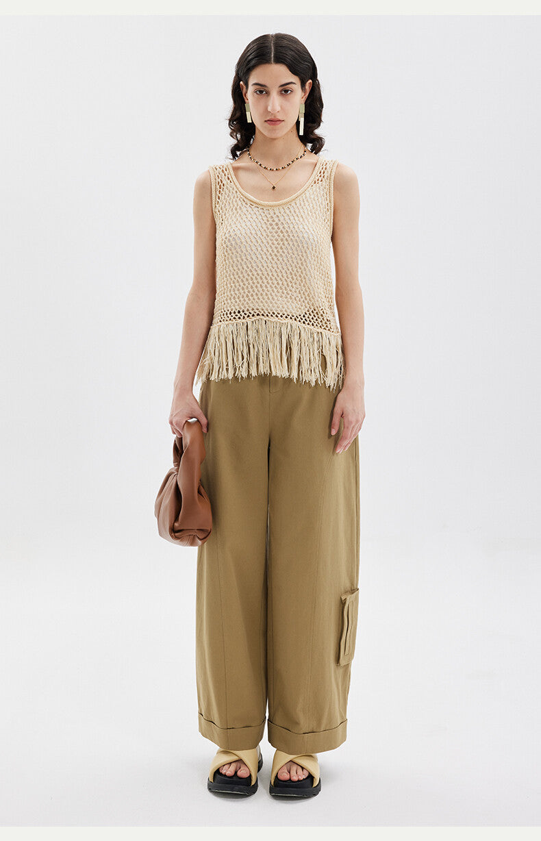 Bohemian Elegance: Creamy Sleeveless Tassel Top & Green Pants Set