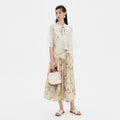 Beige Chinese Pleated Dress with Floral Print & Collared Top Cover