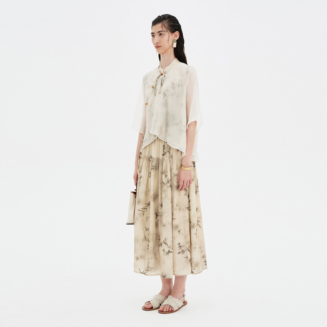 Beige Chinese Pleated Dress with Floral Print & Collared Top Cover
