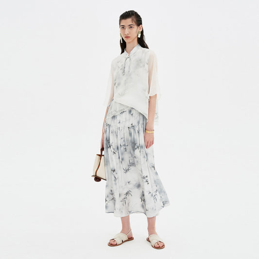 Blue Chinese Pleated Dress with Floral Print & Collared Top Cover