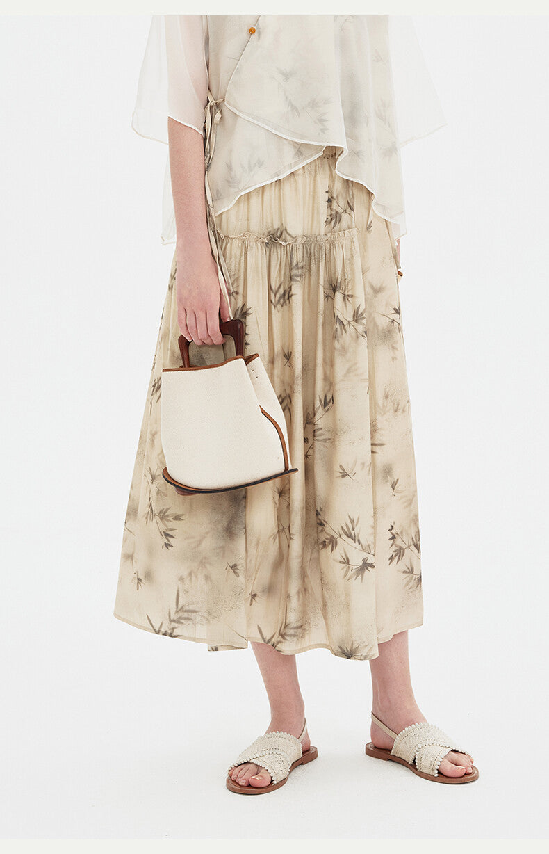 Beige Chinese Pleated Dress with Floral Print & Collared Top Cover