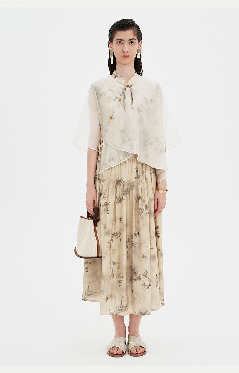 Beige Chinese Pleated Dress with Floral Print & Collared Top Cover