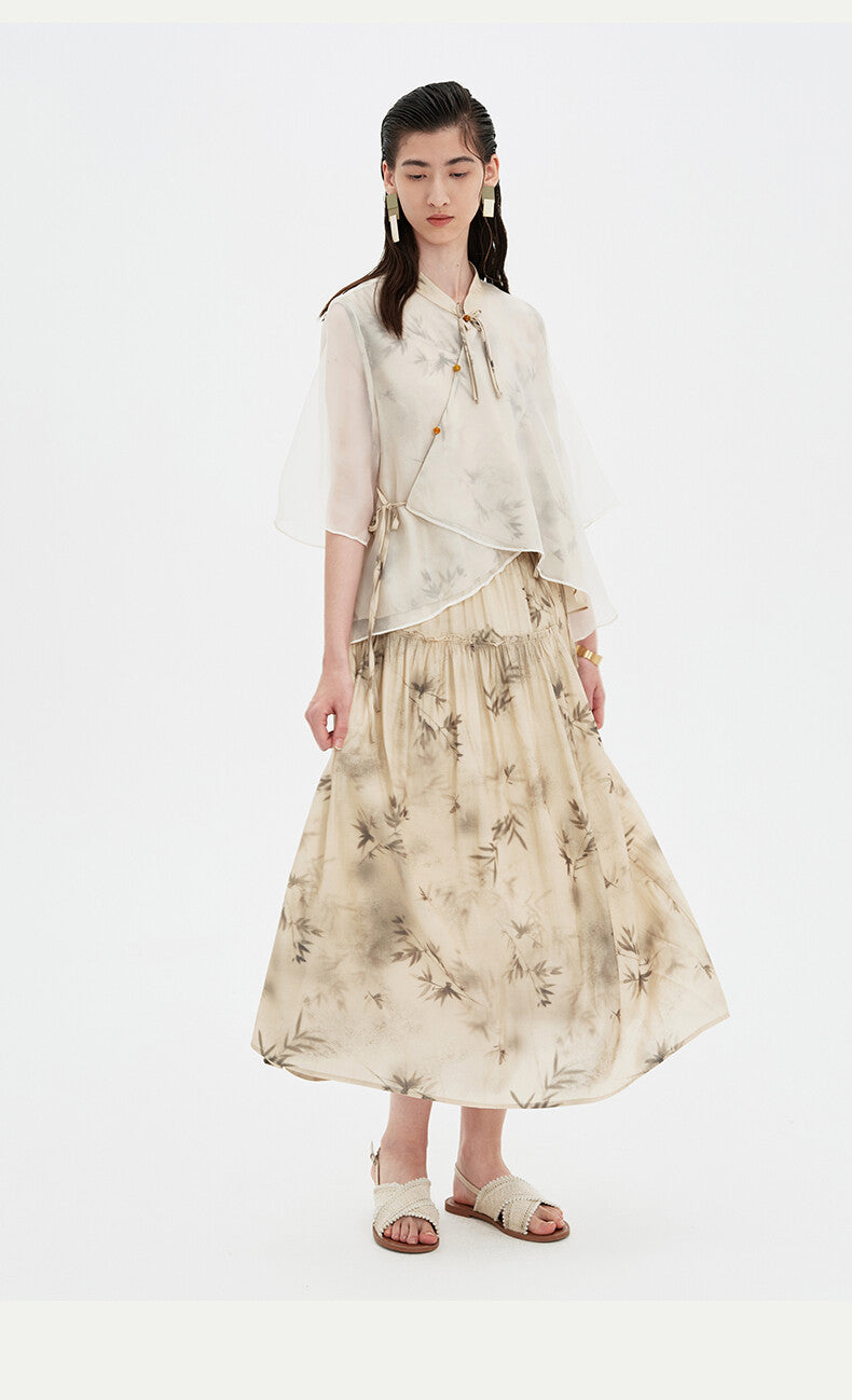 Beige Chinese Pleated Dress with Floral Print & Collared Top Cover