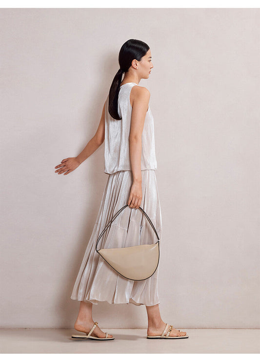 Beige Ice Silk Sleeveless Top & Maxi Pleated Skirt Set