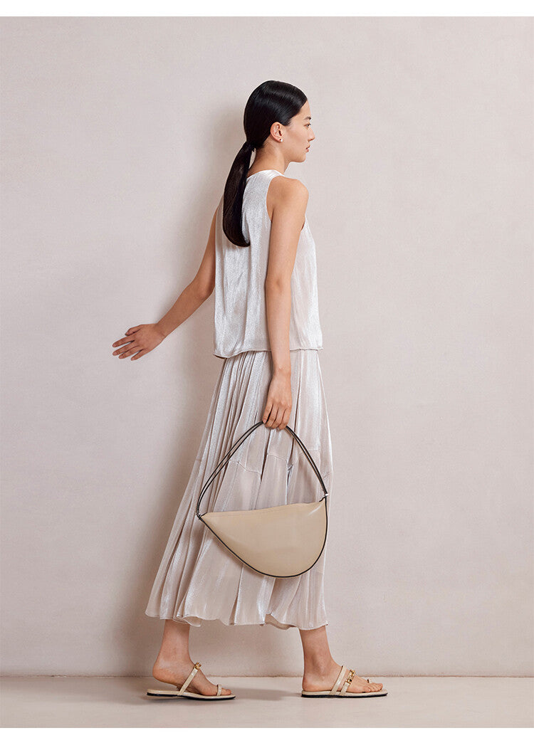 Beige Ice Silk Sleeveless Top & Maxi Pleated Skirt Set
