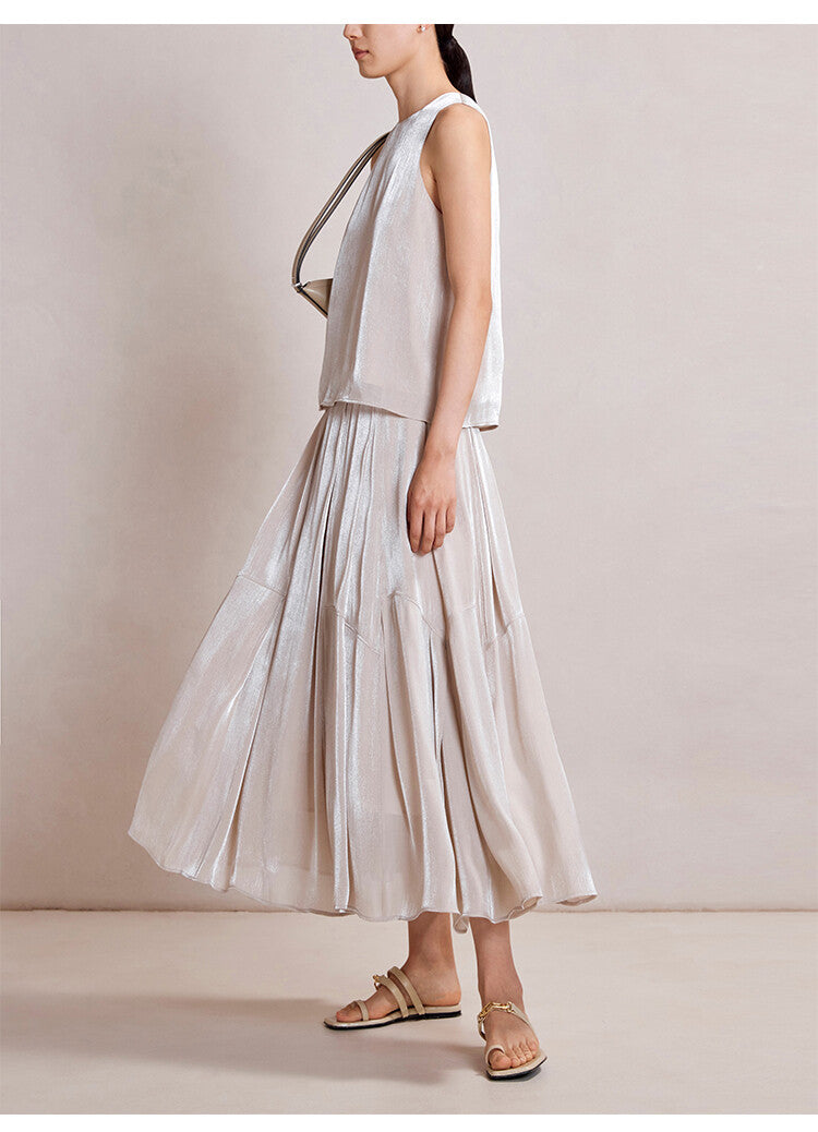 Beige Ice Silk Sleeveless Top & Maxi Pleated Skirt Set