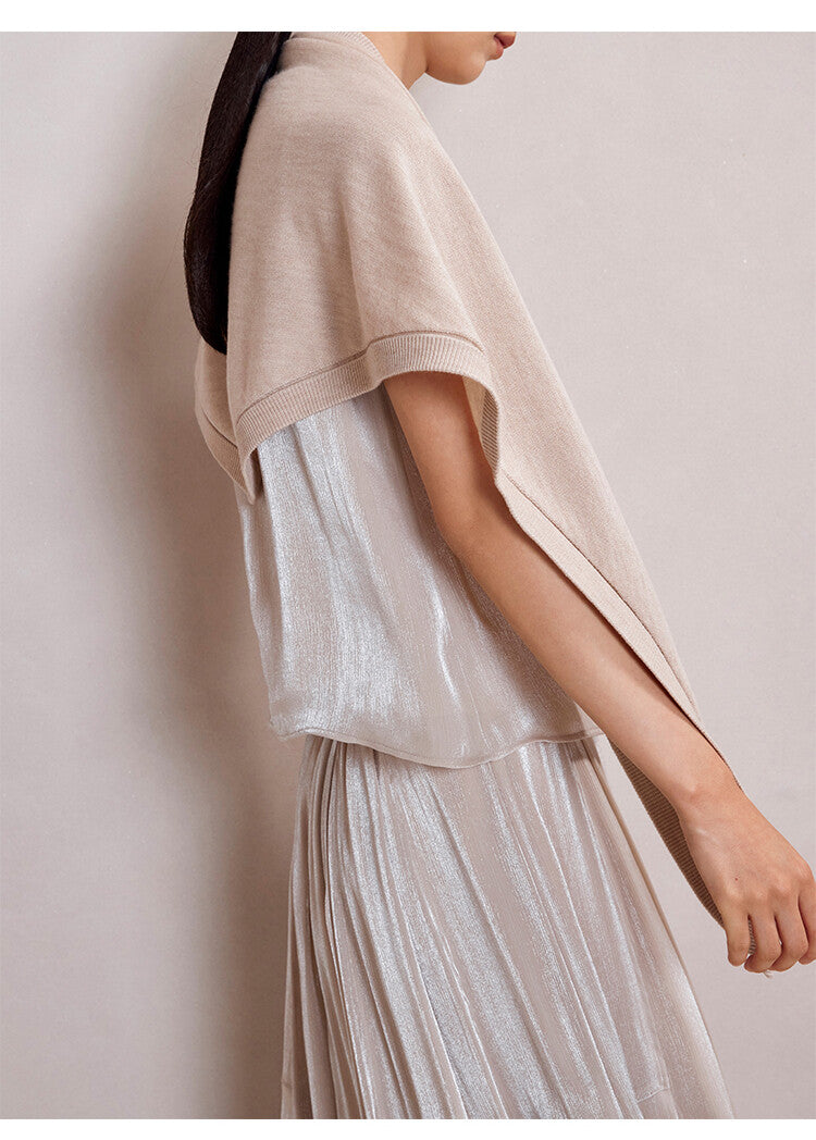 Beige Ice Silk Sleeveless Top & Maxi Pleated Skirt Set