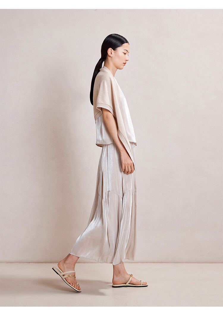 Beige Ice Silk Sleeveless Top & Maxi Pleated Skirt Set