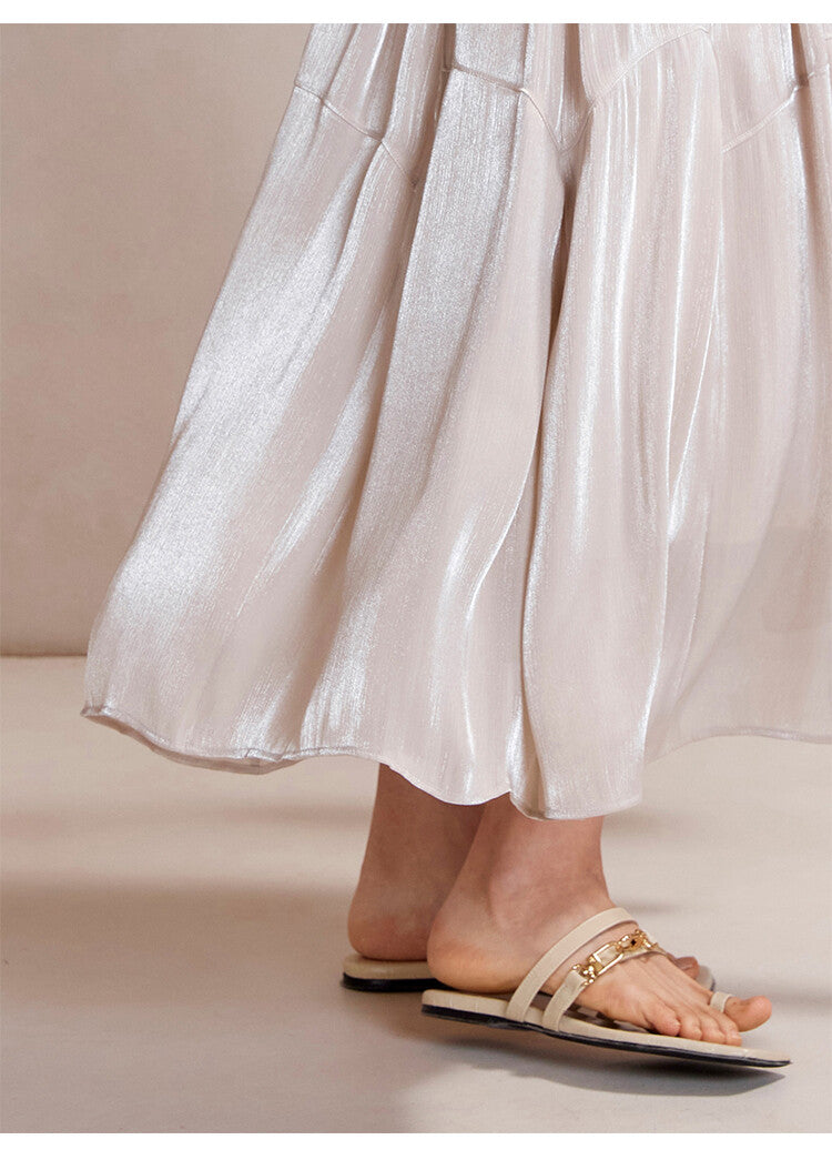 Beige Ice Silk Sleeveless Top & Maxi Pleated Skirt Set