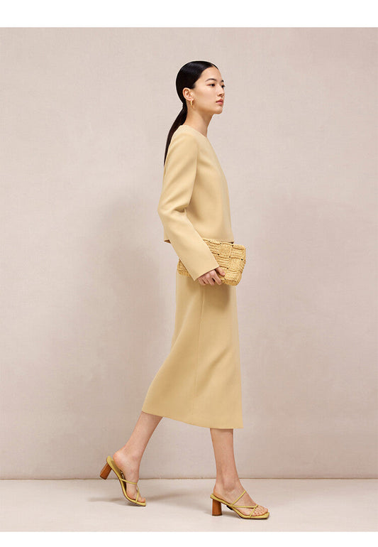 Mustard Yellow Suit Set with Long Sleeve Top & Straight Midi Skirt