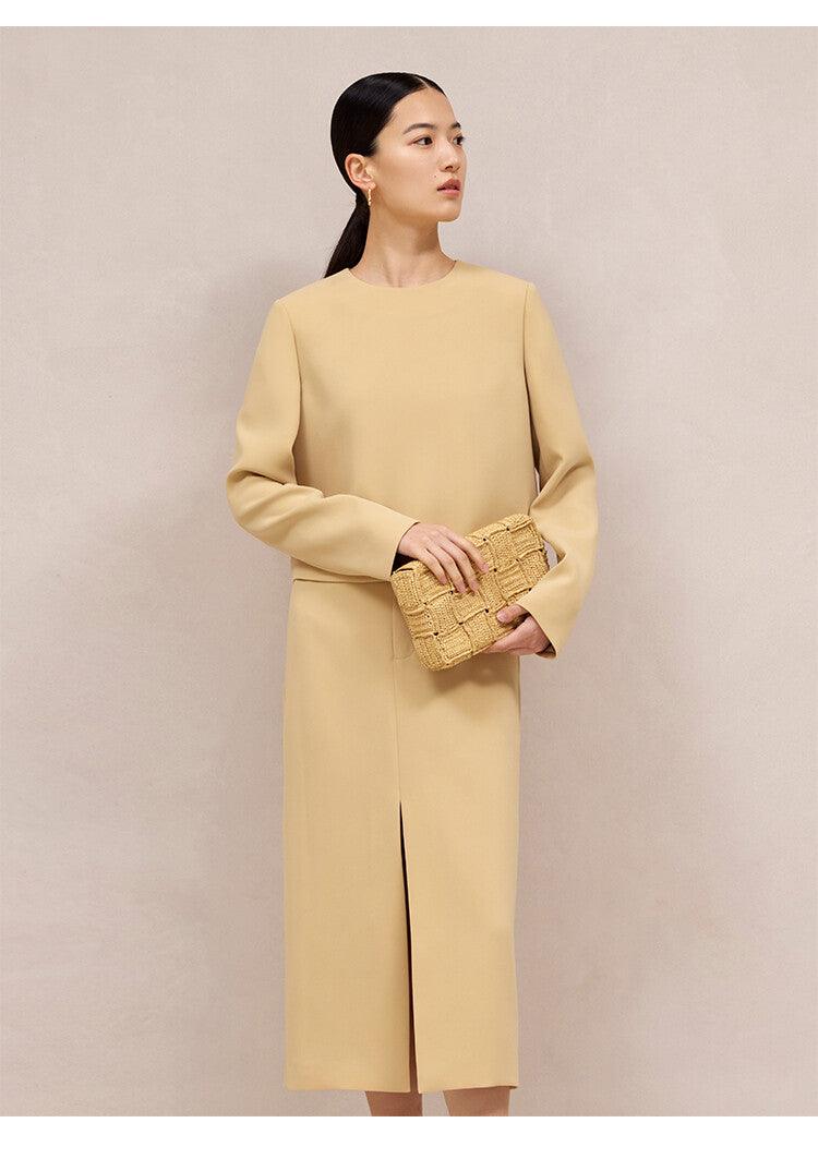 Mustard Yellow Suit Set with Long Sleeve Top & Straight Midi Skirt