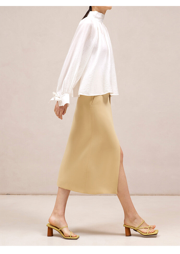 Mustard Yellow Suit Set with Long Sleeve Top & Straight Midi Skirt