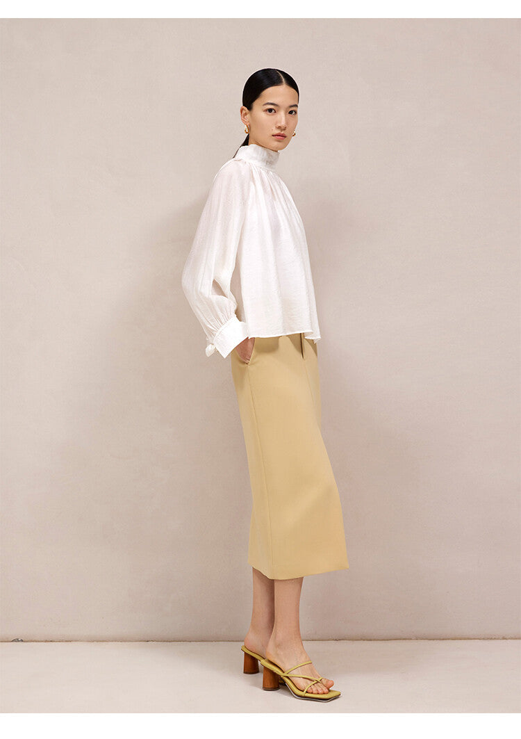 Mustard Yellow Suit Set with Long Sleeve Top & Straight Midi Skirt