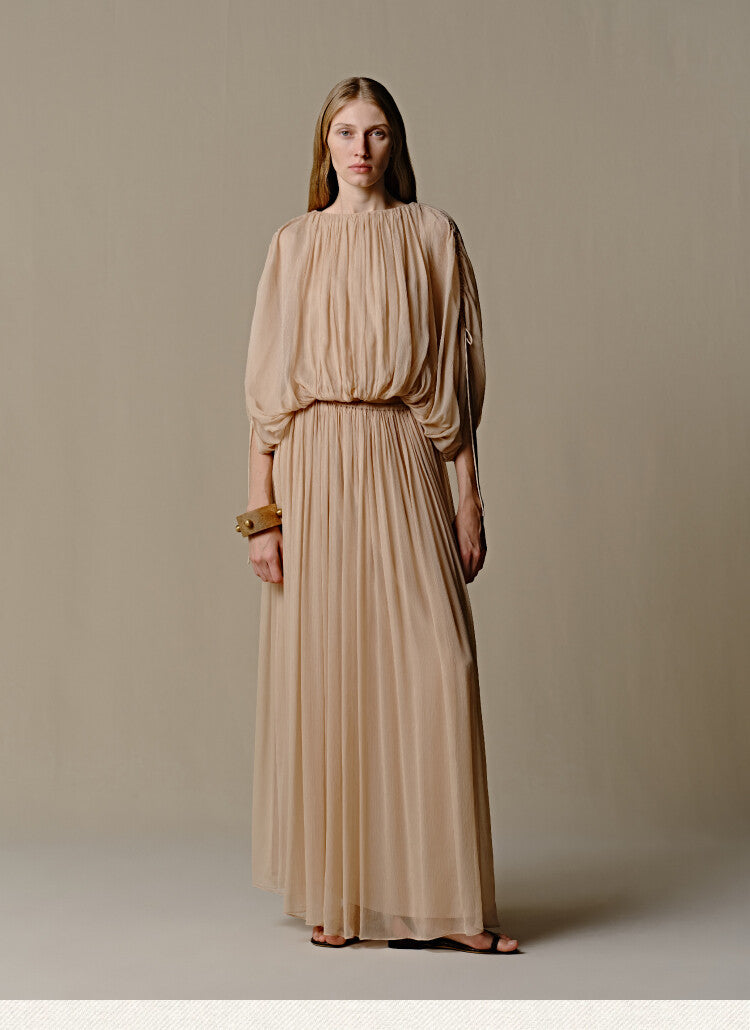 Goddess Venus Pleat Beige Maxi Dress