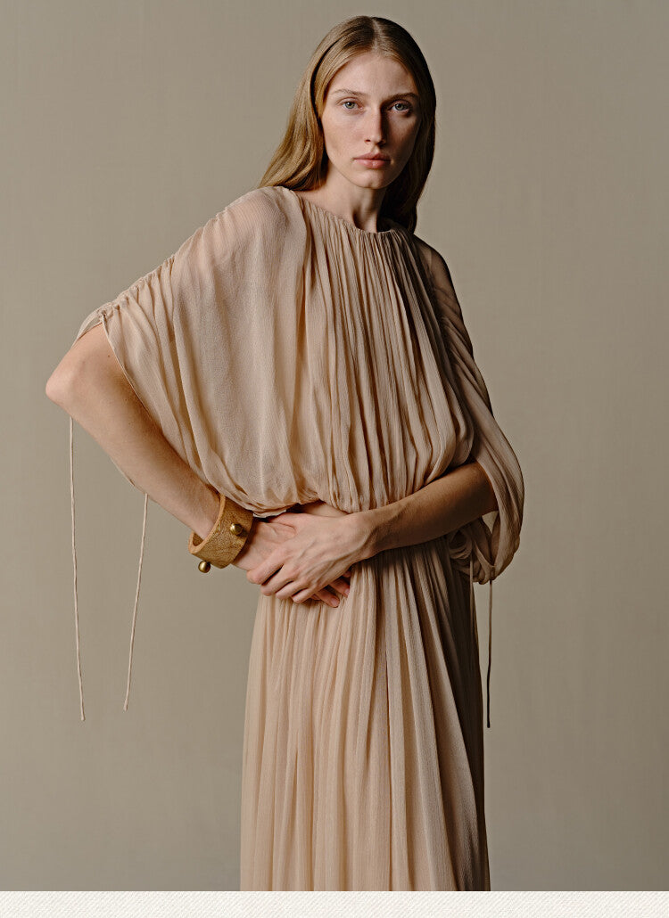 Goddess Venus Pleat Beige Maxi Dress