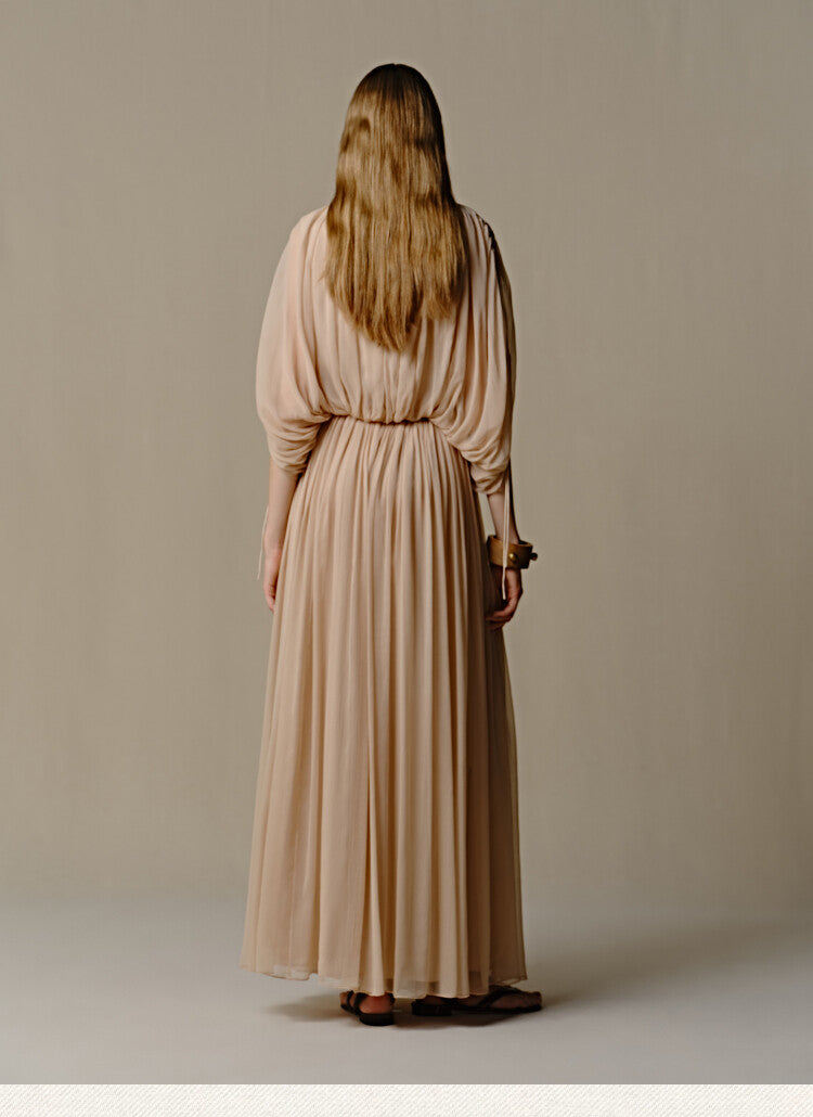 Goddess Venus Pleat Beige Maxi Dress