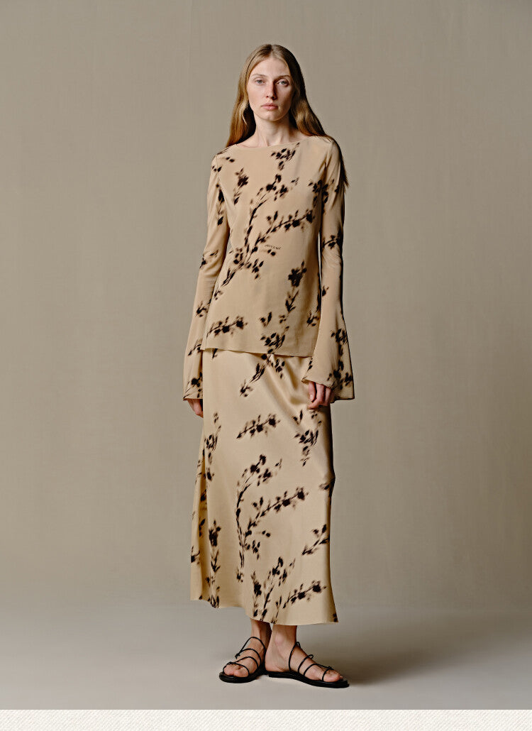 Maxi Boho Shirt & Skirt Set with leaves Print