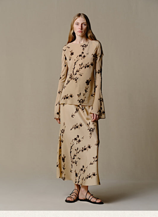 Maxi Boho Shirt & Skirt Set with leaves Print