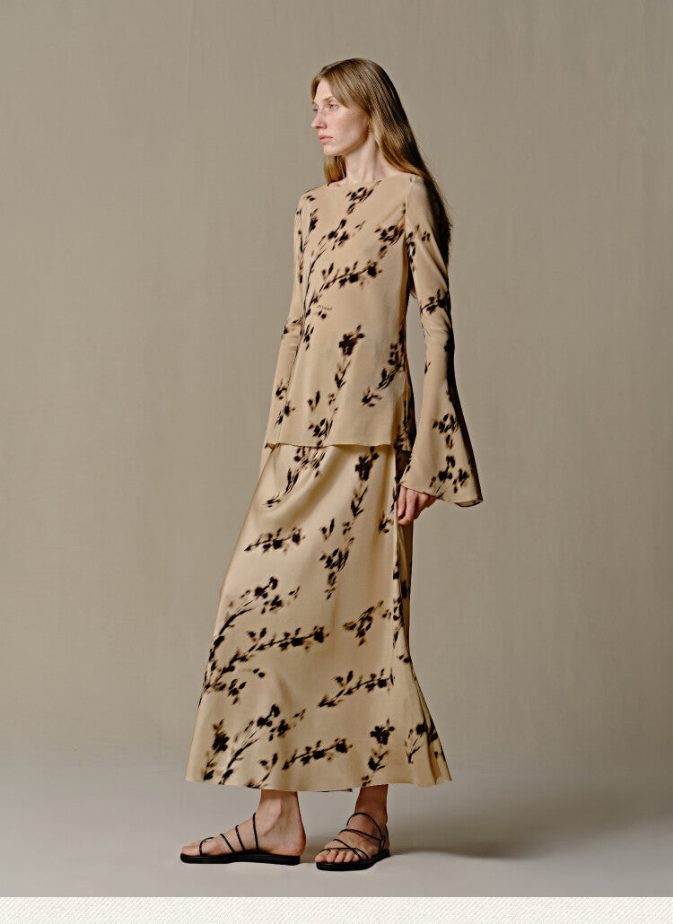 Maxi Boho Shirt & Skirt Set with leaves Print