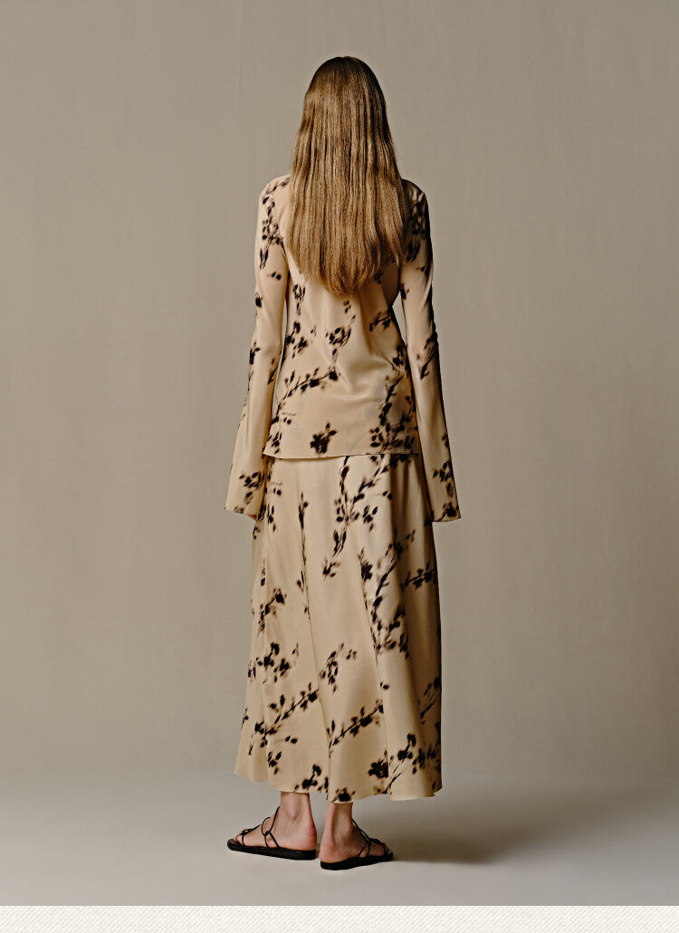 Maxi Boho Shirt & Skirt Set with leaves Print