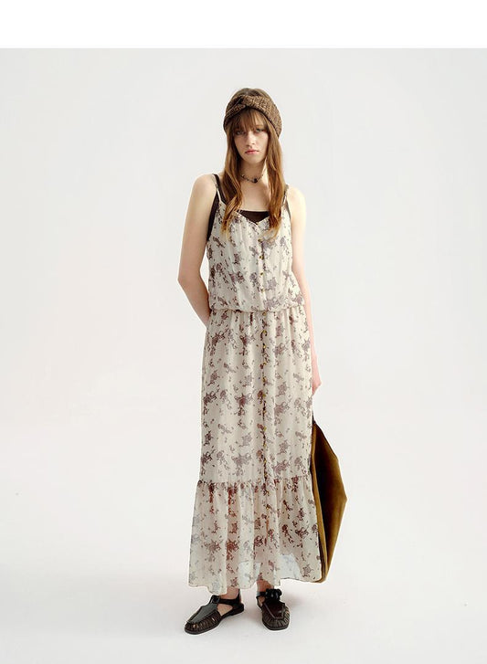 Long Creamie White Maxi Boho Dress with Conceptual Print