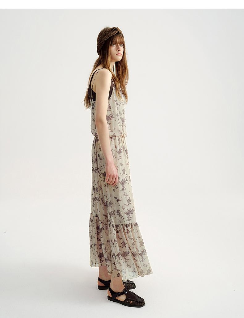 Long Creamie White Maxi Boho Dress with Conceptual Print