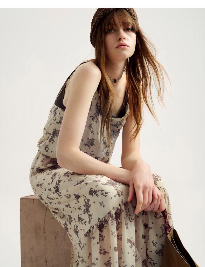 Long Creamie White Maxi Boho Dress with Conceptual Print