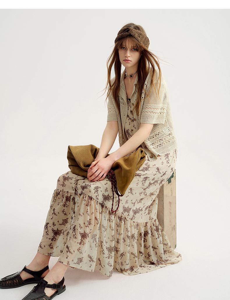 Long Creamie White Maxi Boho Dress with Conceptual Print